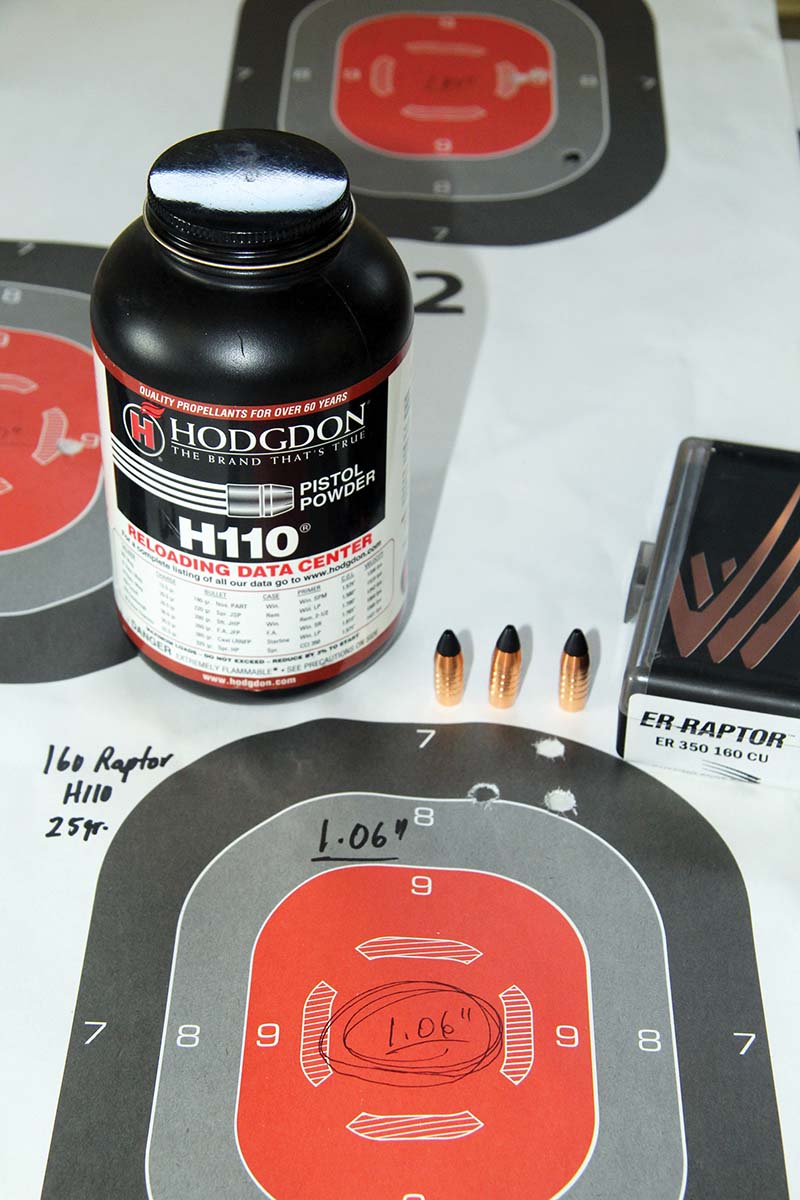 Cutting Edge Bullets’ nontoxic 160-grain ER Raptor produced a 1.06-inch group at 2,516 fps when combined with 25 grains of Hodgdon 110.